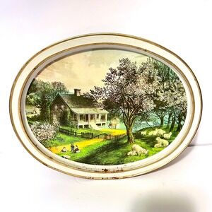 VINTAGE SUNSHINE BISCUITS TIN/PLATTER, "THE‎ AMERICAN HOMESTEAD—Autumn & Spring"